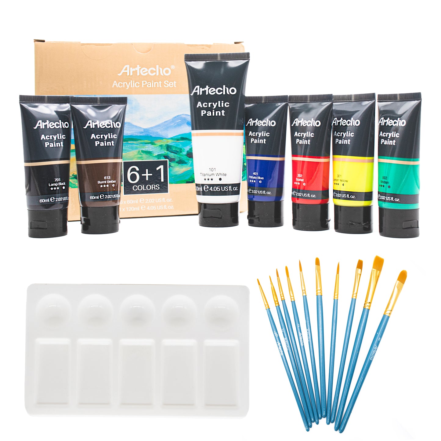 Artecho Künstlerset - 6 x 60ml + 1 x 120ml Wasserfest Acrylfarben mit 10 Pinseln & 1 Palette