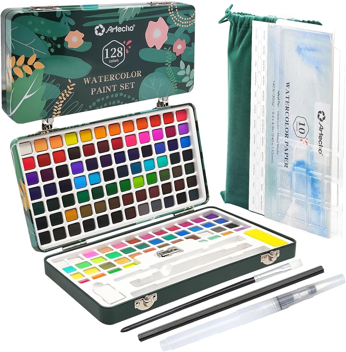 Artecho Aquarellfarben Set - 50 / 100 / 128 Wasserfarben mit Aquarellpapieren & Pinseln