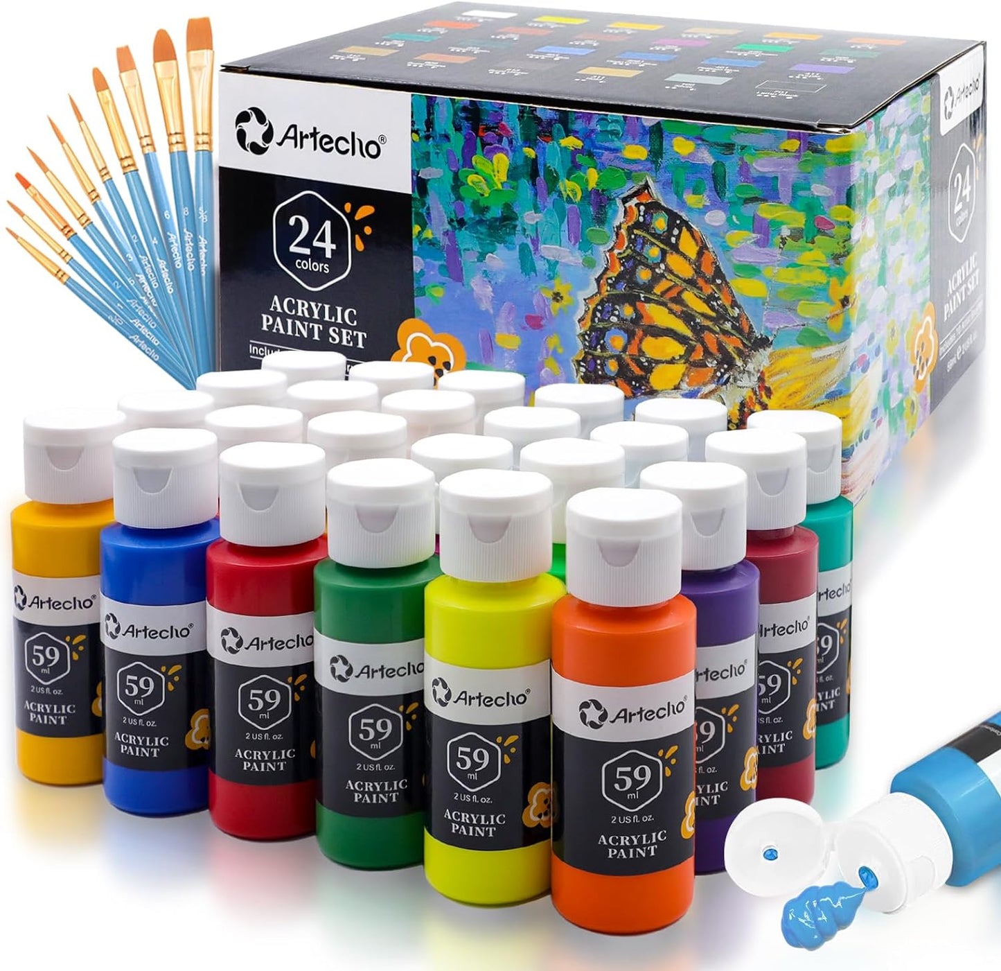 Artecho Künstlerset - 18 / 24 / 48 x 59ml Wasserfest Acrylfarben mit 10 Pinseln