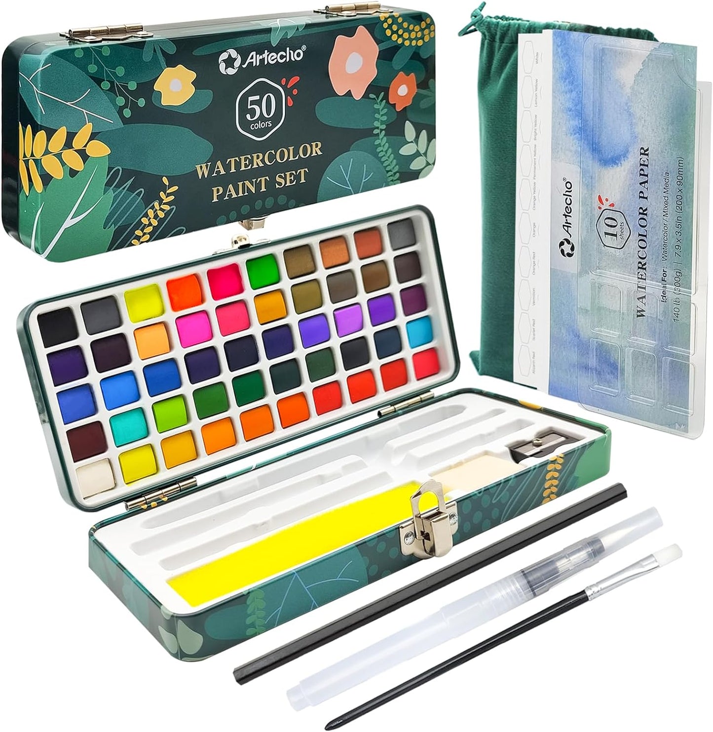 Artecho Aquarellfarben Set - 50 / 100 / 128 Wasserfarben mit Aquarellpapieren & Pinseln