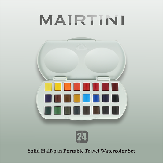 Mairtini Academy Aquarell-Set in halben Näpfchen, 24 Farben (Ovaler Premium Metallkasten) - SETL