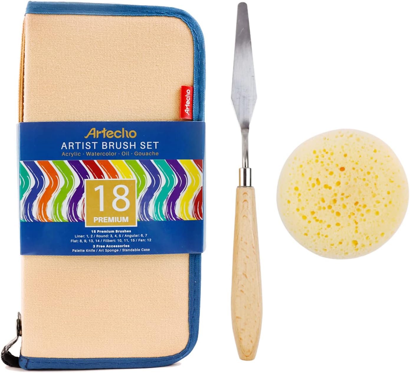 Artecho Nylon Borsten Pinselset - 15 Stk. Pinsel inklusive Malmesser & Schwamm