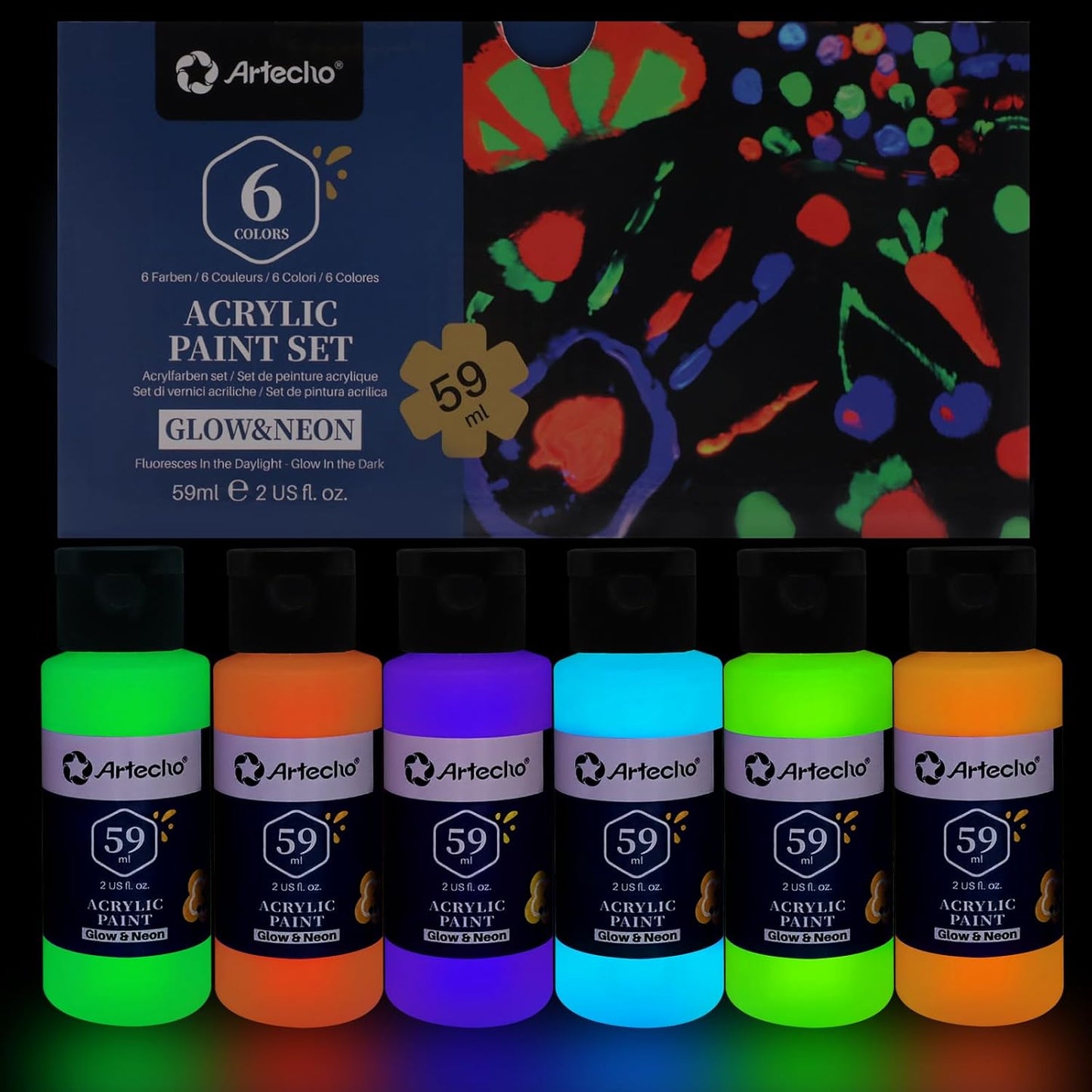 Artecho Neon & Glow Acrylfarben Set – 6x59ml in Flaschen, Neoneffekt unter Schwarzlicht
