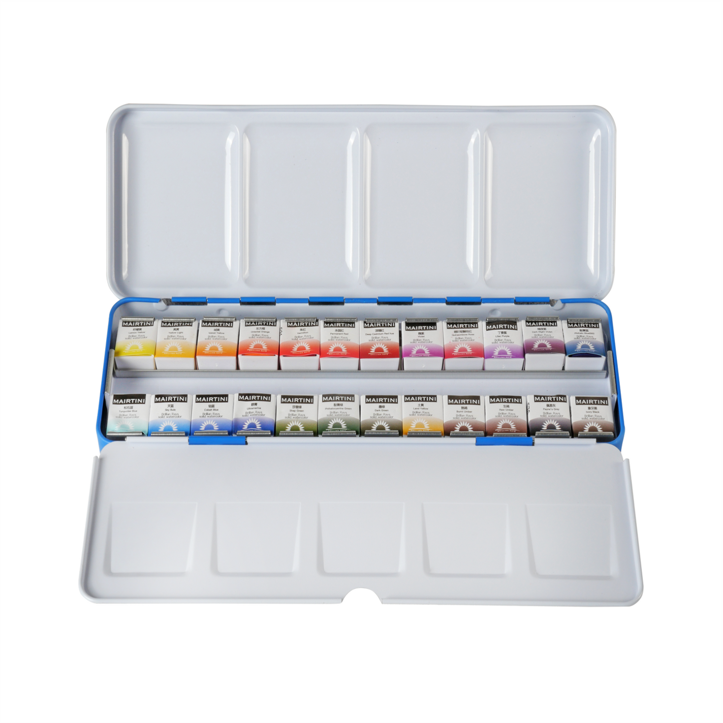 Mairtini Academy „Orientalischer Charme“ Aquarell-Set in halben Näpfchen (Blauer/Roter Premium Metallkasten) - SETL