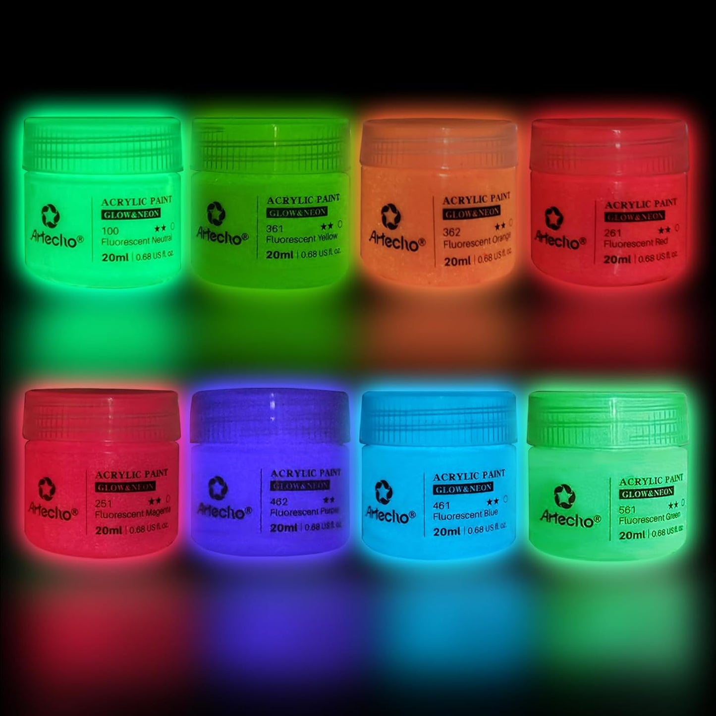 Artecho Neon & Glow Acrylfarben – 6 x 59 ml / 8 x 20 ml – Leuchtende Neonfarben unter Schwarzlicht & sanfter Nachleuchteffekt im Dunkeln