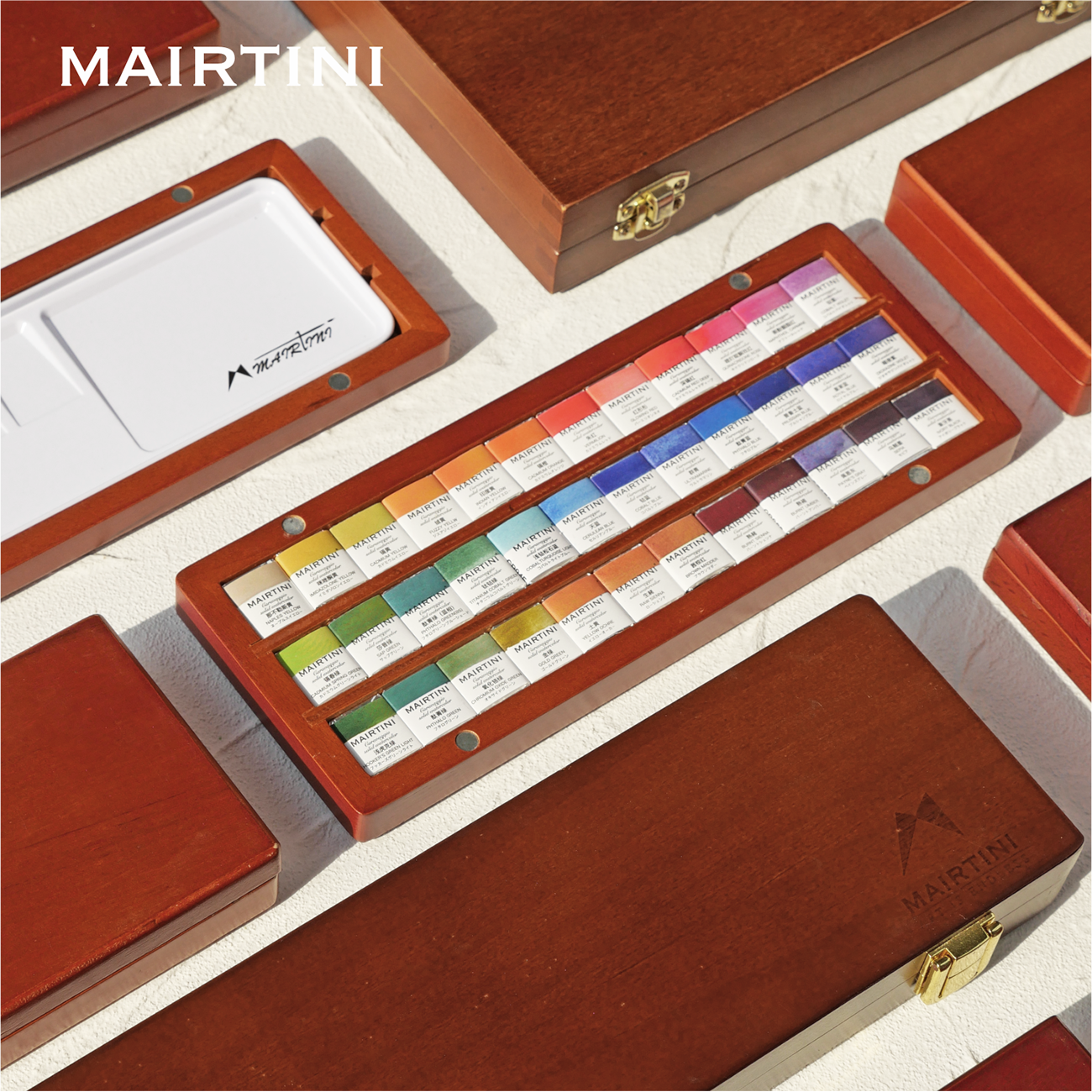 Mairtini Caravaggio Professionelles Aquarellfarbe Set - 12 / 24 / 36 Farben in halben Näpfchen - in eleganter Metall- oder Holzbox