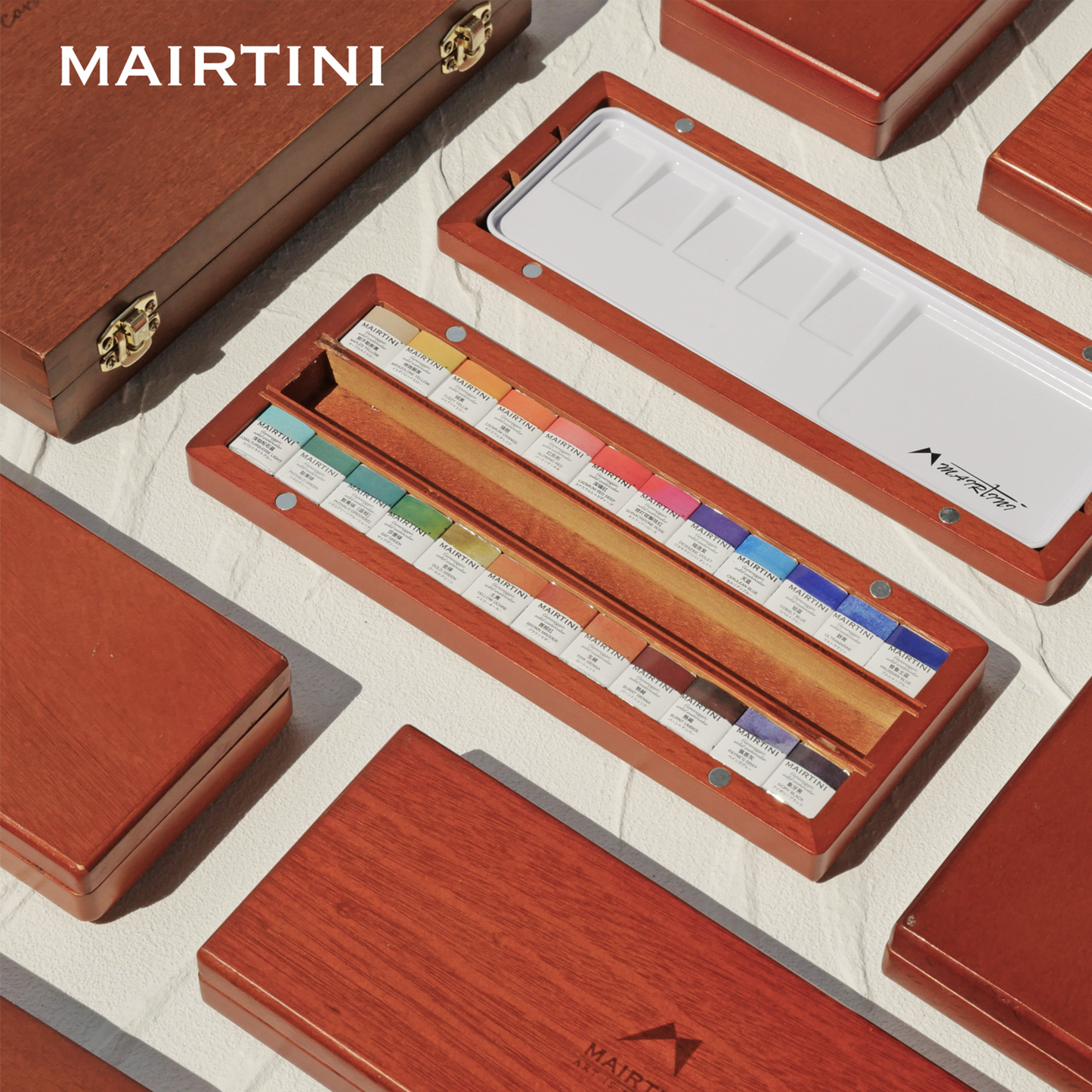 Mairtini Caravaggio Professionelles Aquarellfarbe Set - 12 / 24 / 36 Farben in halben Näpfchen - in eleganter Metall- oder Holzbox