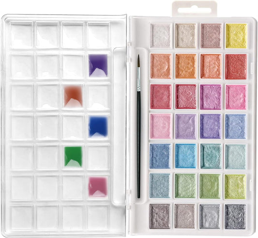 Artecho Metallic Aquarellfarben Set - 28 Perlglanz-Metallic Farben mit Pinsel - SETL