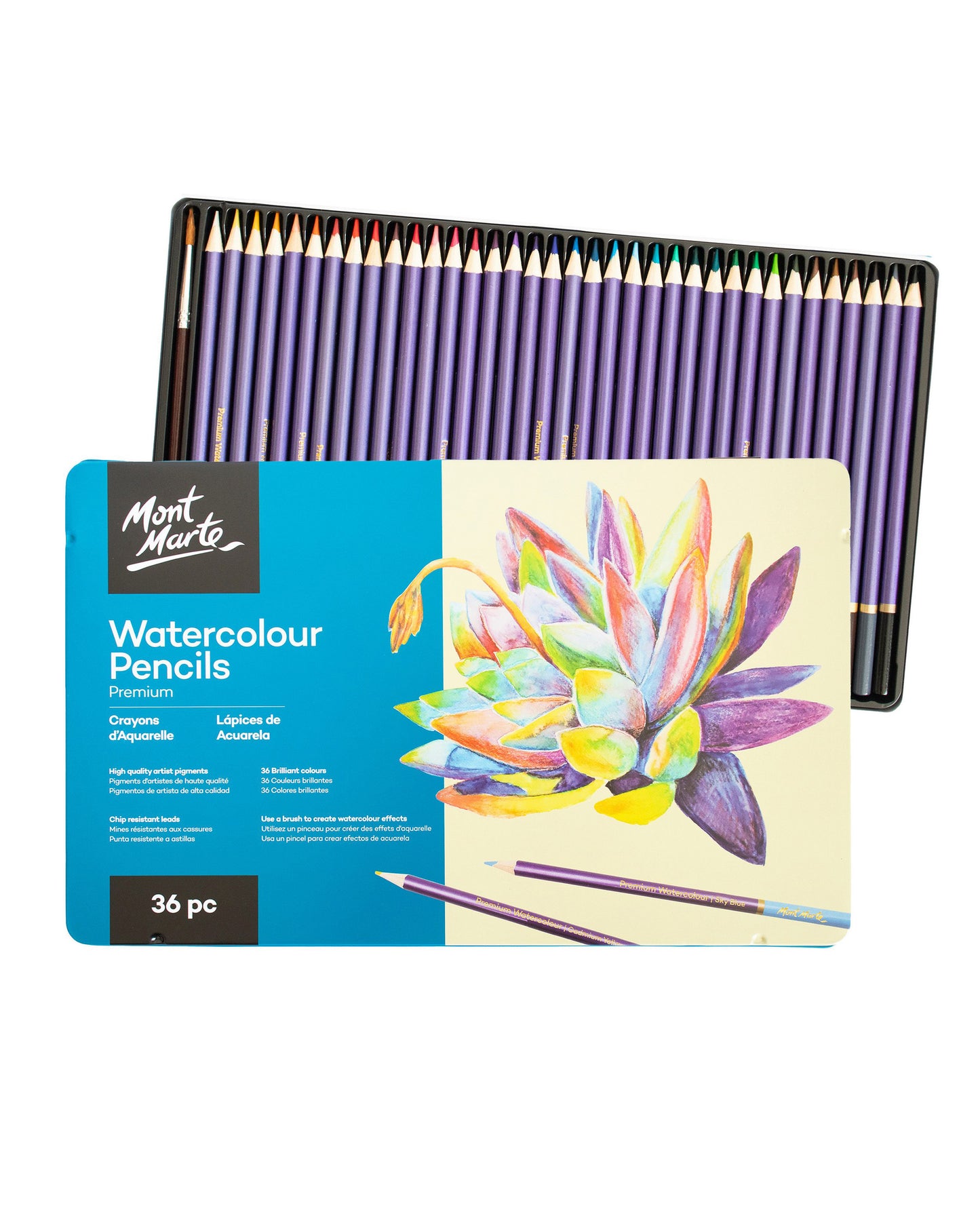 Mont Marte Premium Aquarellstifte – 36 Farben mit Pinsel im Metall-Etui - SETL