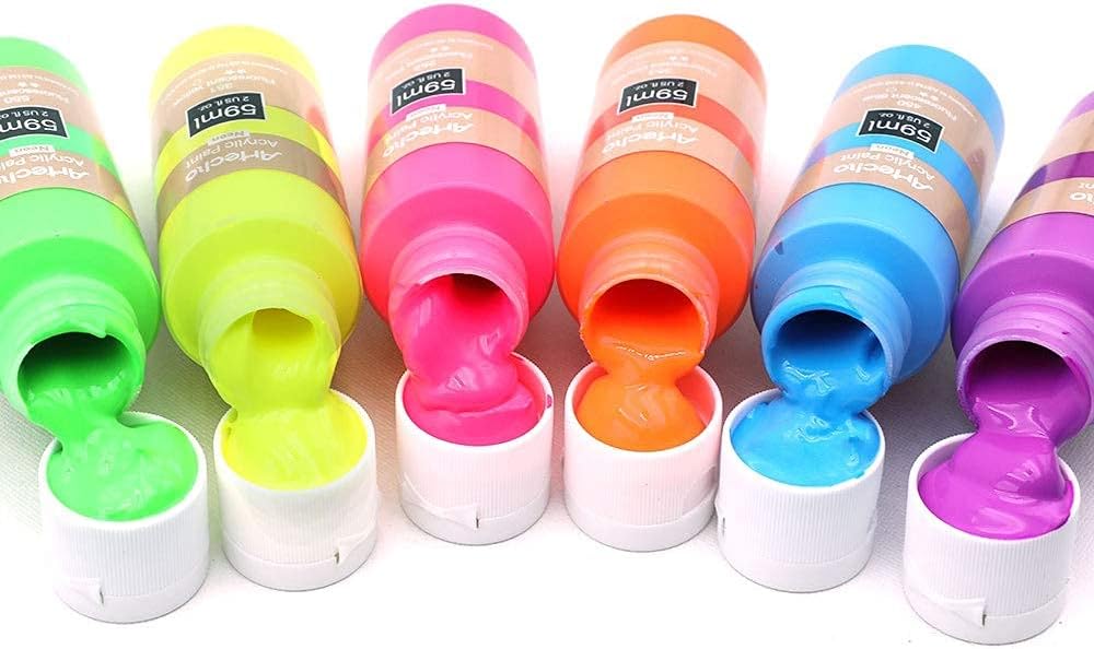 Artecho Acrylfarben Set Neon - 6x59ml in Flaschen - Leuchtende, unter Schwarzlicht fluoreszierende