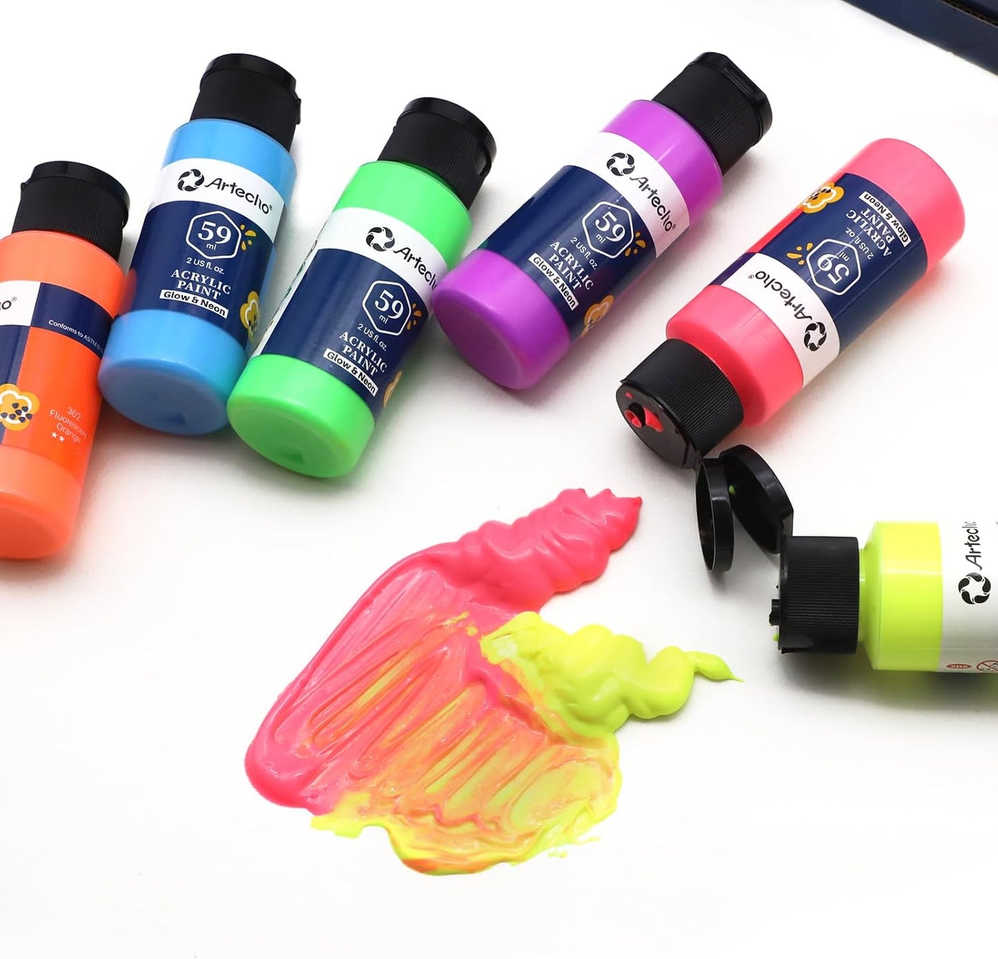 Artecho Neon & Glow Acrylfarben Set – 6x59ml in Flaschen, Neoneffekt unter Schwarzlicht