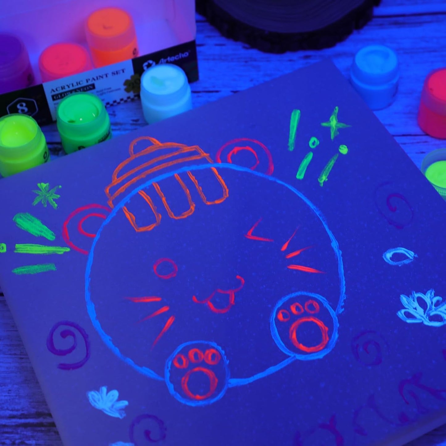 Artecho Neon & Glow Acrylfarben – 6 x 59 ml / 8 x 20 ml – Leuchtende Neonfarben unter Schwarzlicht & sanfter Nachleuchteffekt im Dunkeln