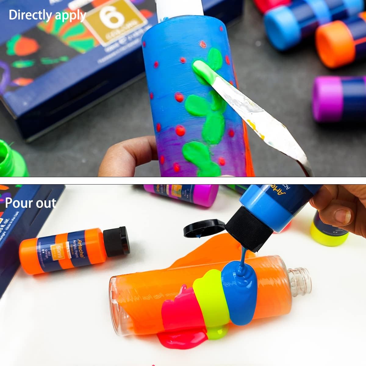 Artecho Neon & Glow Acrylfarben Set – 6x59ml in Flaschen, Neoneffekt unter Schwarzlicht