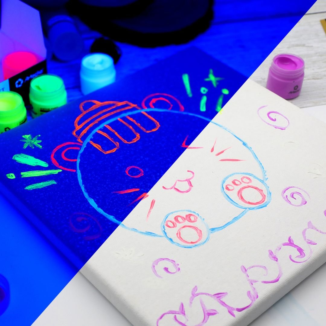 Artecho Neon & Glow Acrylfarben – 6 x 59 ml / 8 x 20 ml – Leuchtende Neonfarben unter Schwarzlicht & sanfter Nachleuchteffekt im Dunkeln