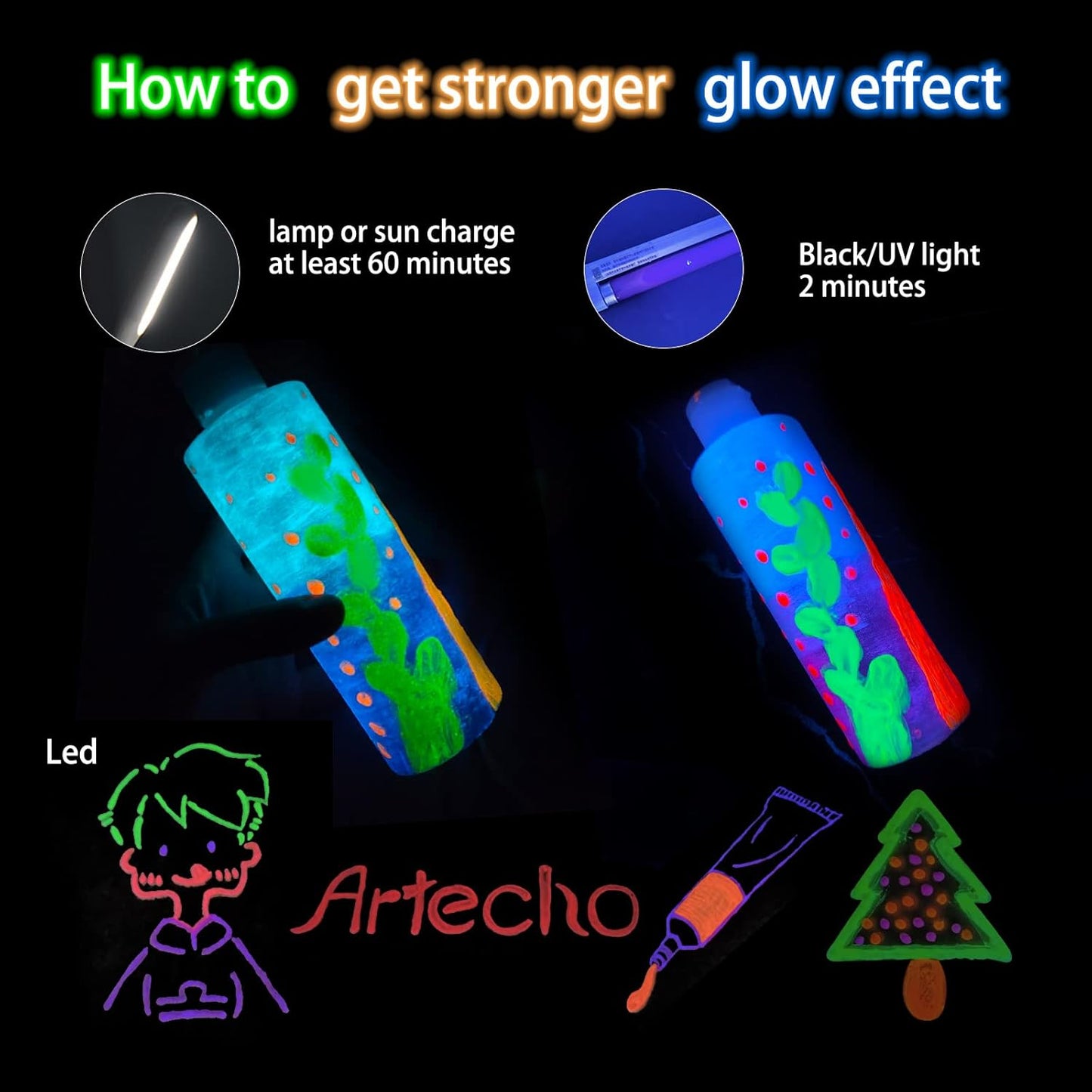 Artecho Neon & Glow Acrylfarben Set – 6x59ml in Flaschen, Neoneffekt unter Schwarzlicht