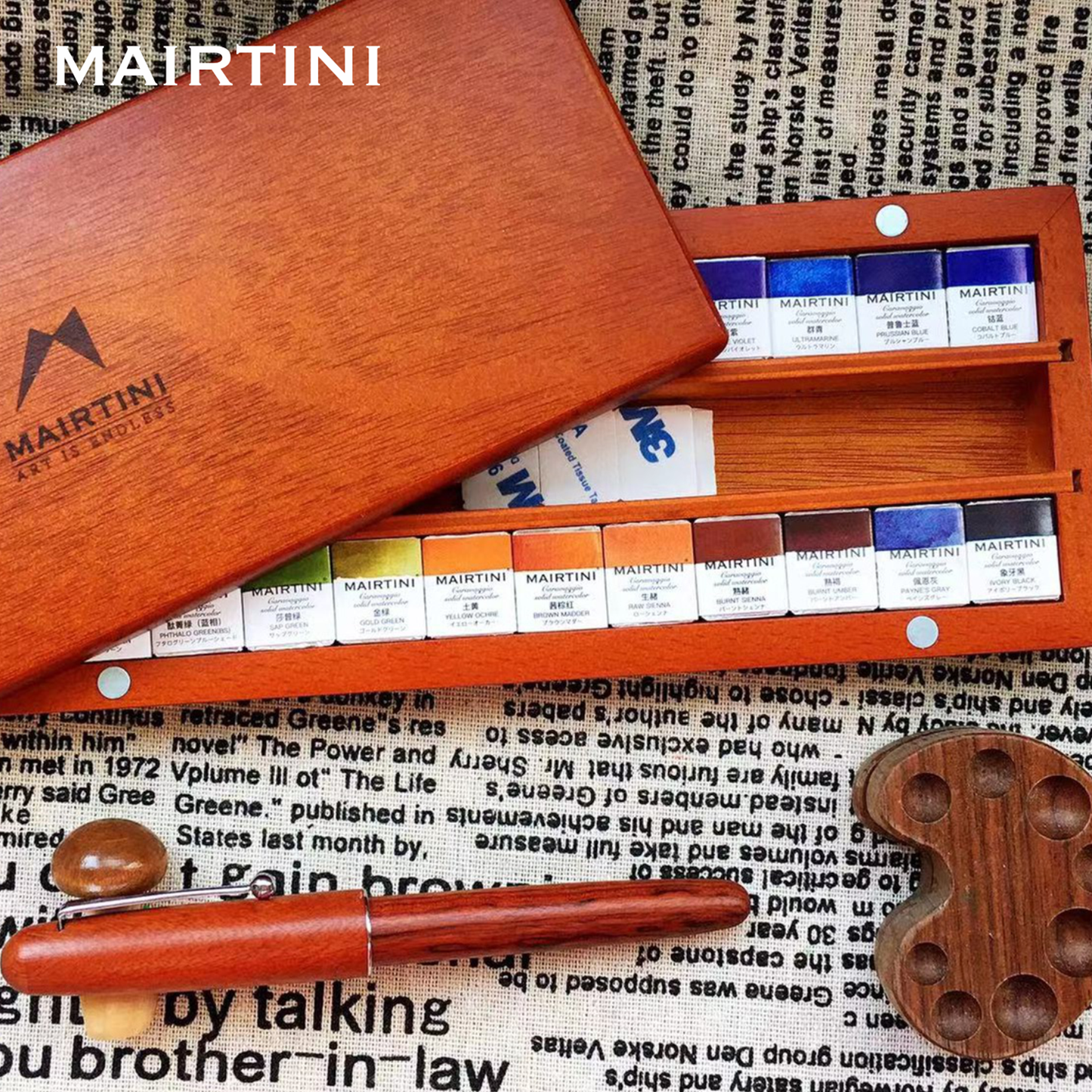 Mairtini Caravaggio Professionelles Aquarellfarbe Set - 12 / 24 / 36 Farben in halben Näpfchen - in eleganter Metall- oder Holzbox