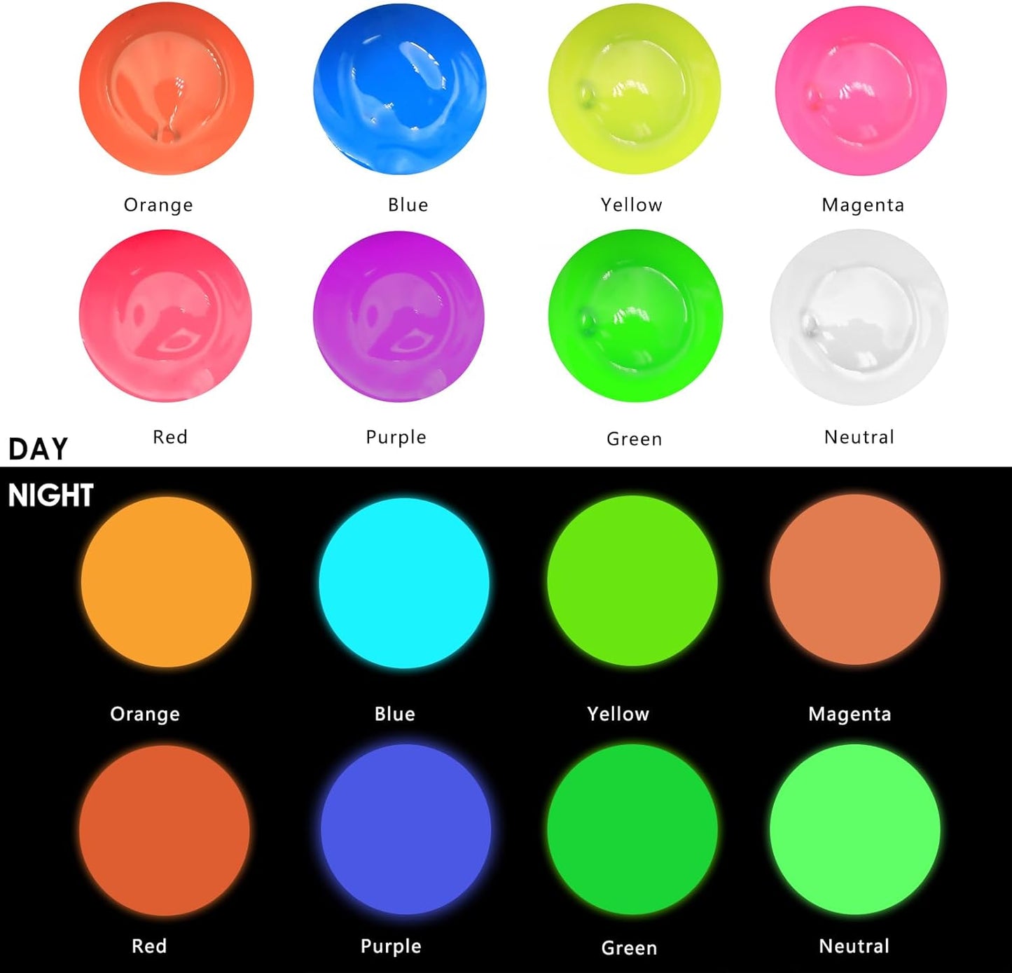 Artecho Neon & Glow Acrylfarben – 6 x 59 ml / 8 x 20 ml – Leuchtende Neonfarben unter Schwarzlicht & sanfter Nachleuchteffekt im Dunkeln