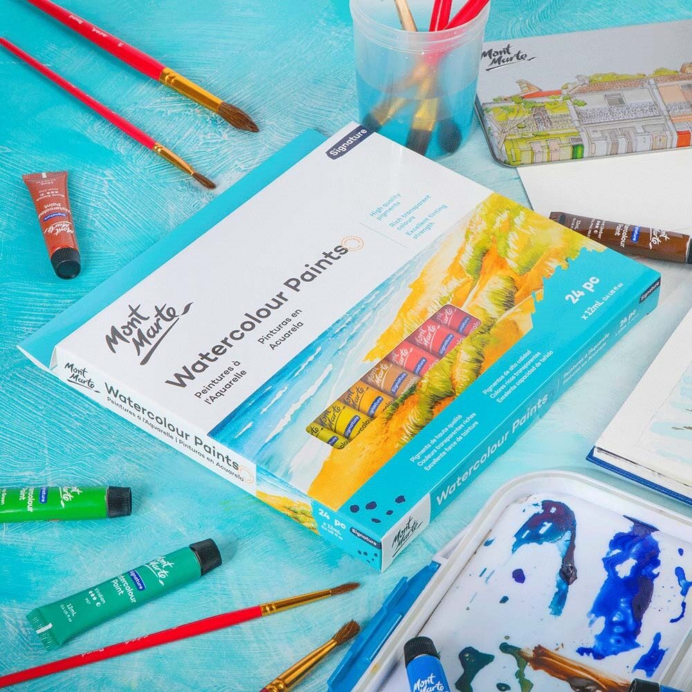 Mont Marte Aquarellfarben Set, 12 x 12 ml/ 24 x 12ml Tuben, Künstler Wasserfarben, Hochpigmentierte Farben für Aquarellmalerei & kreative Projekte - SETL