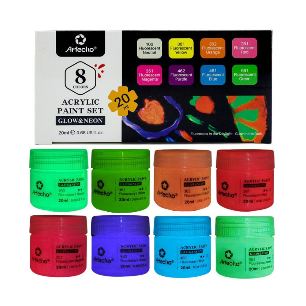 Artecho Neon & Glow Acrylfarben – 6 x 59 ml / 8 x 20 ml – Leuchtende Neonfarben unter Schwarzlicht & sanfter Nachleuchteffekt im Dunkeln