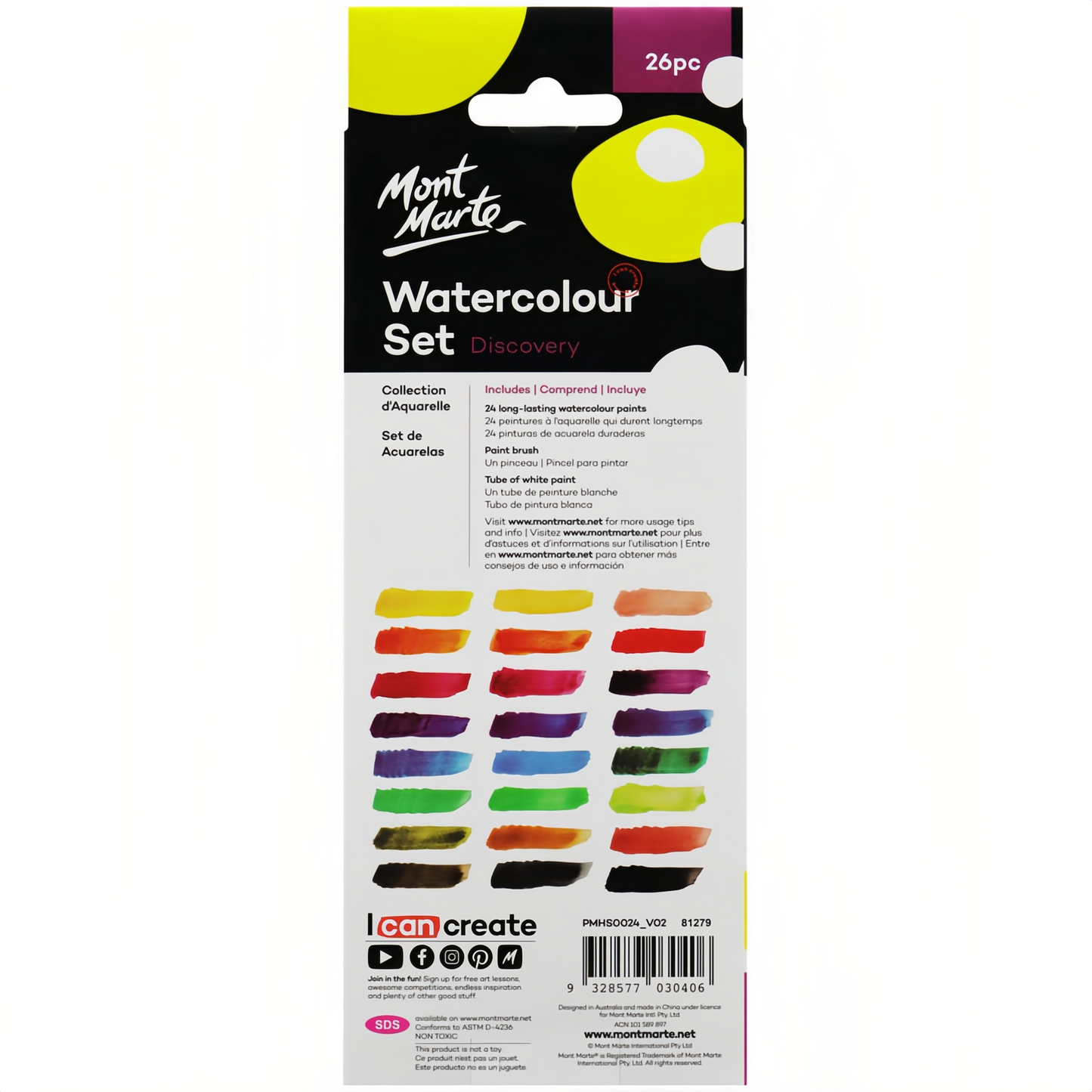 Mont Marte Aquarellmalset Discovery – 24 Farben mit 1 Pinsel und 1 Tube Deckweiß - SETL