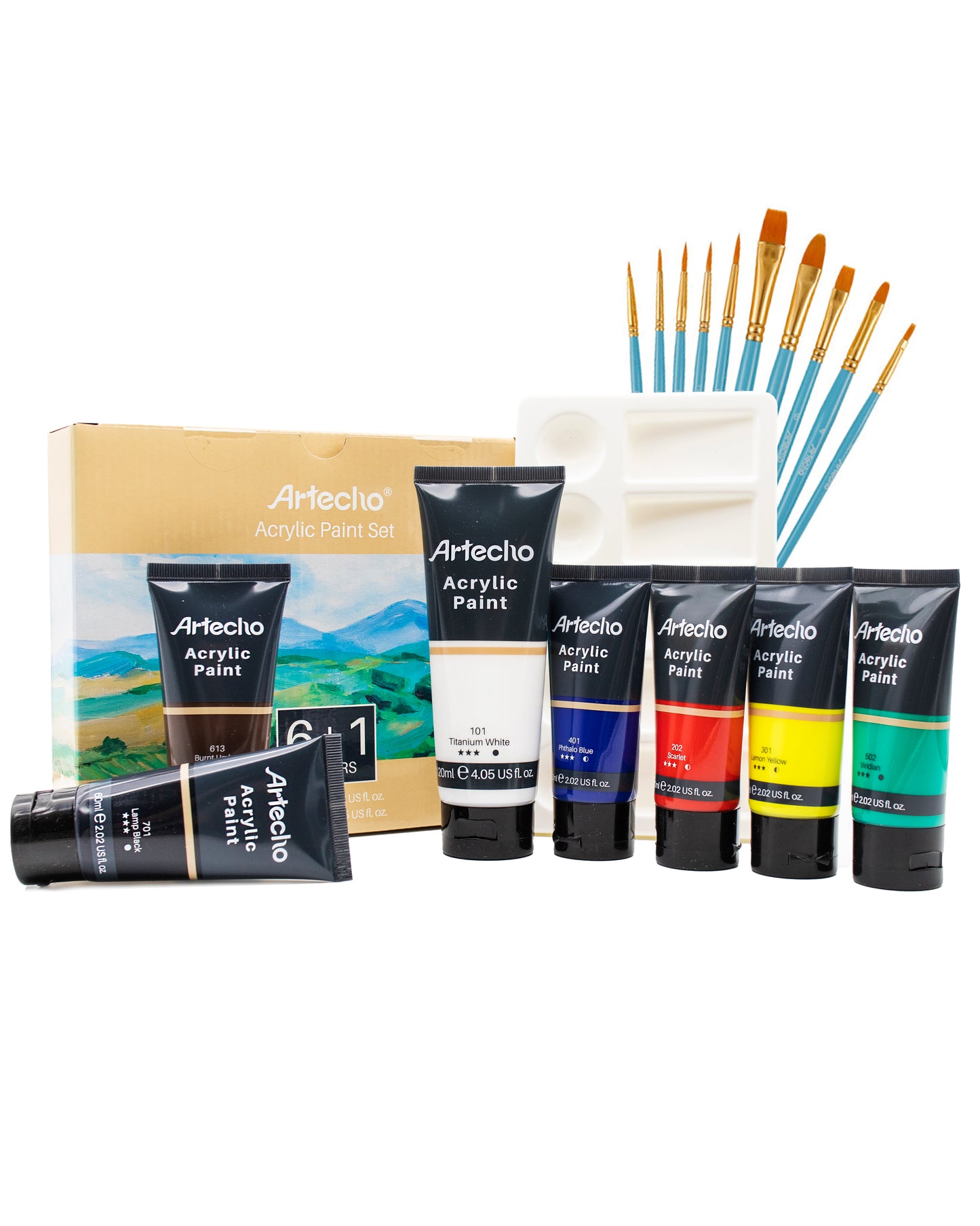 Artecho Künstlerset - 7 Farben, 10 Pinsel und 1 Palette - SETL