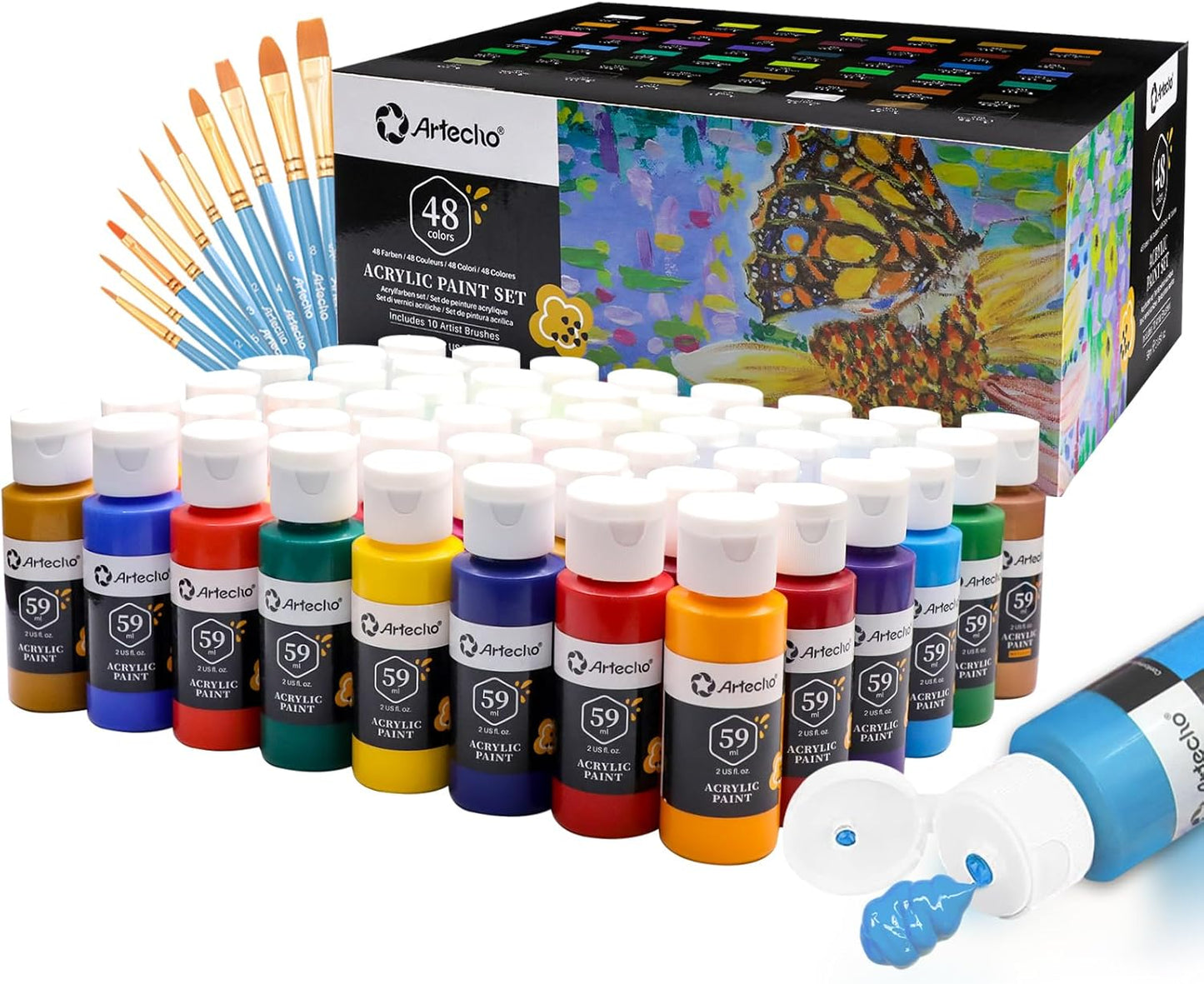 Artecho Künstlerset - 18 / 24 / 48 x 59ml Wasserfest Acrylfarben mit 10 Pinseln