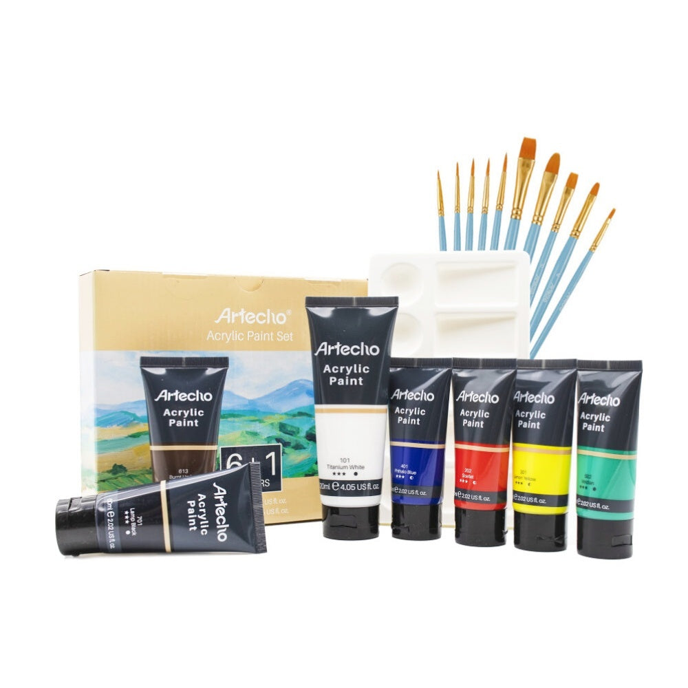 Artecho Künstlerset - 6 x 60ml + 1 x 120ml Wasserfest Acrylfarben mit 10 Pinseln & 1 Palette