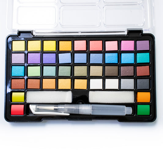 Artecho Aquarellfarben Set - 40 Farben inkl. Perlglanz & Neon mit Wasserpinsel & Schwamm