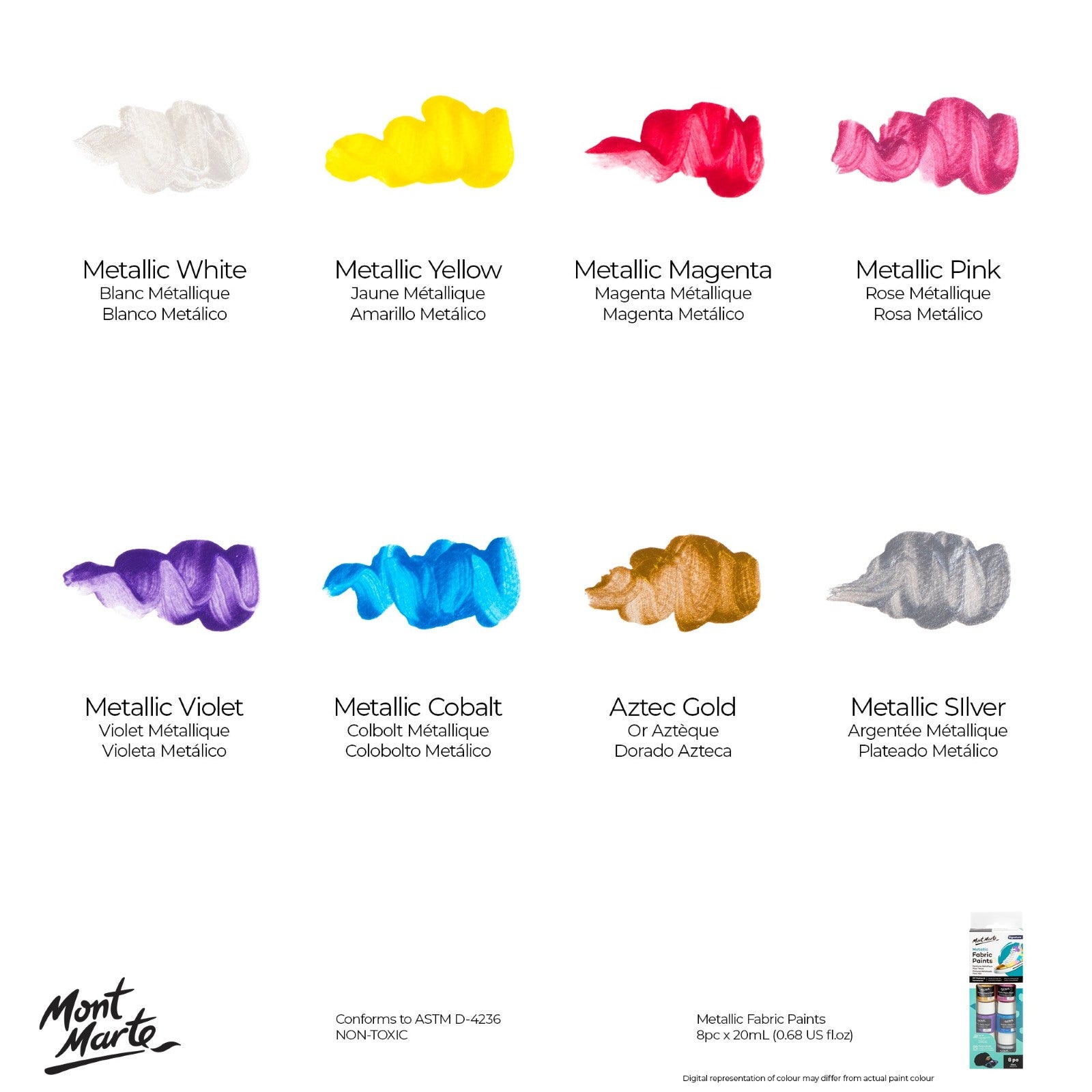 Mont Marte Metallic Textilfarbe Set 8 x 20ml - SETL