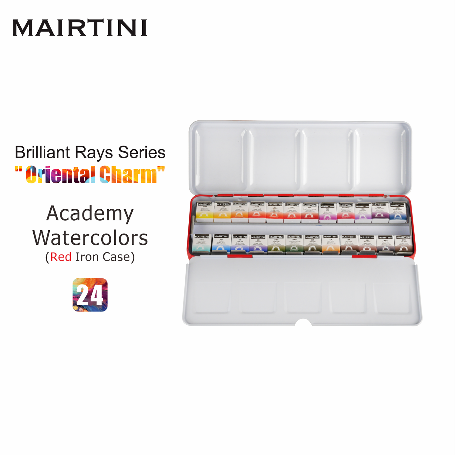 Mairtini Aquarellfarbe Set - 24 brillante Farben in halben Näpfchen - Verpackung in Blau/ Rot - SETL