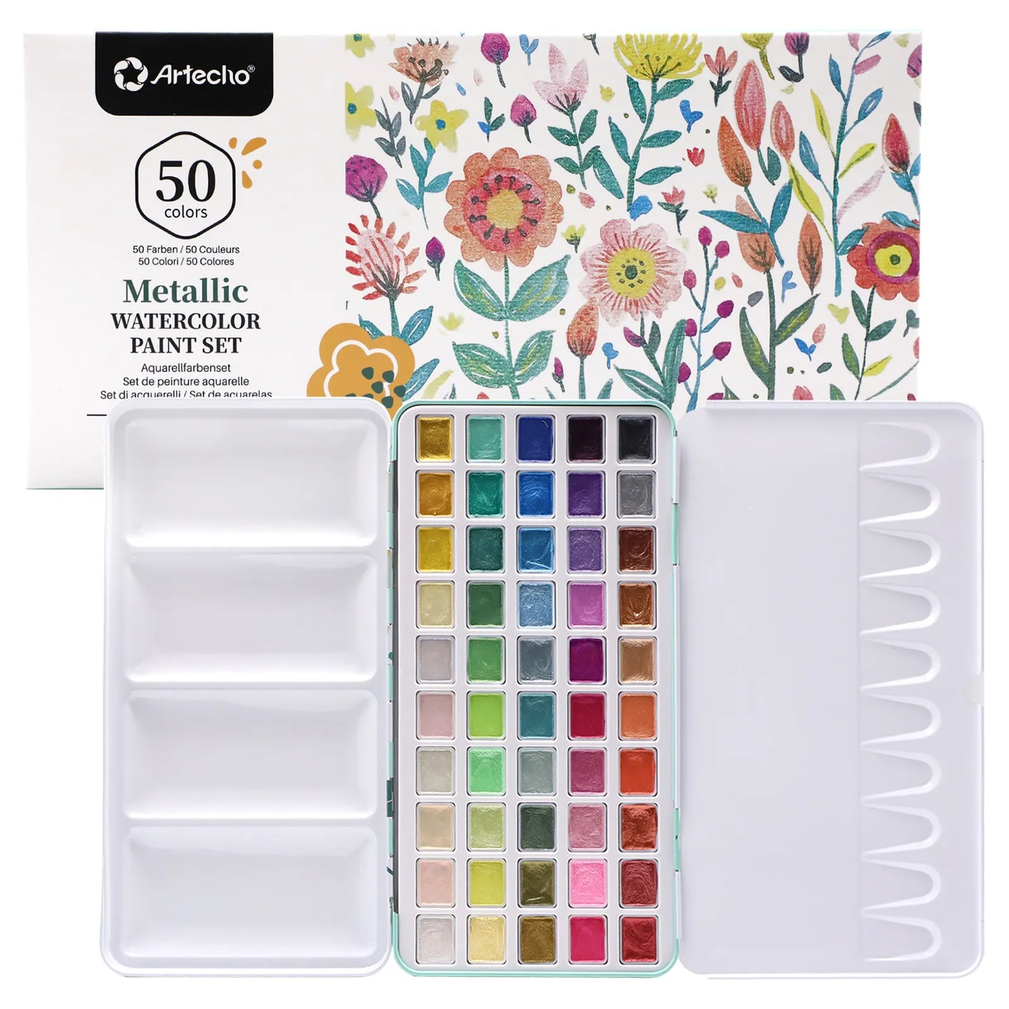 Artecho Metallic Aquarellfarben Set - 50 Wasserfarben im praktischen Metalletui - SETL
