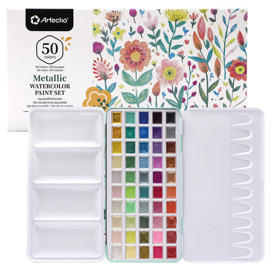 Artecho Metallic Aquarellfarben Set - 50 Wasserfarben im praktischen Metalletui - SETL