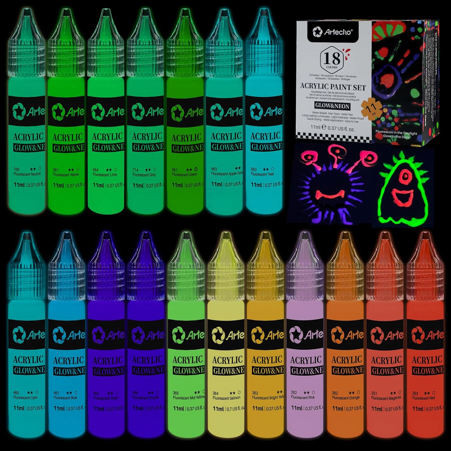 Artecho Glow & Neon Acrylfarben Set - 18 x 11 ml - SETL
