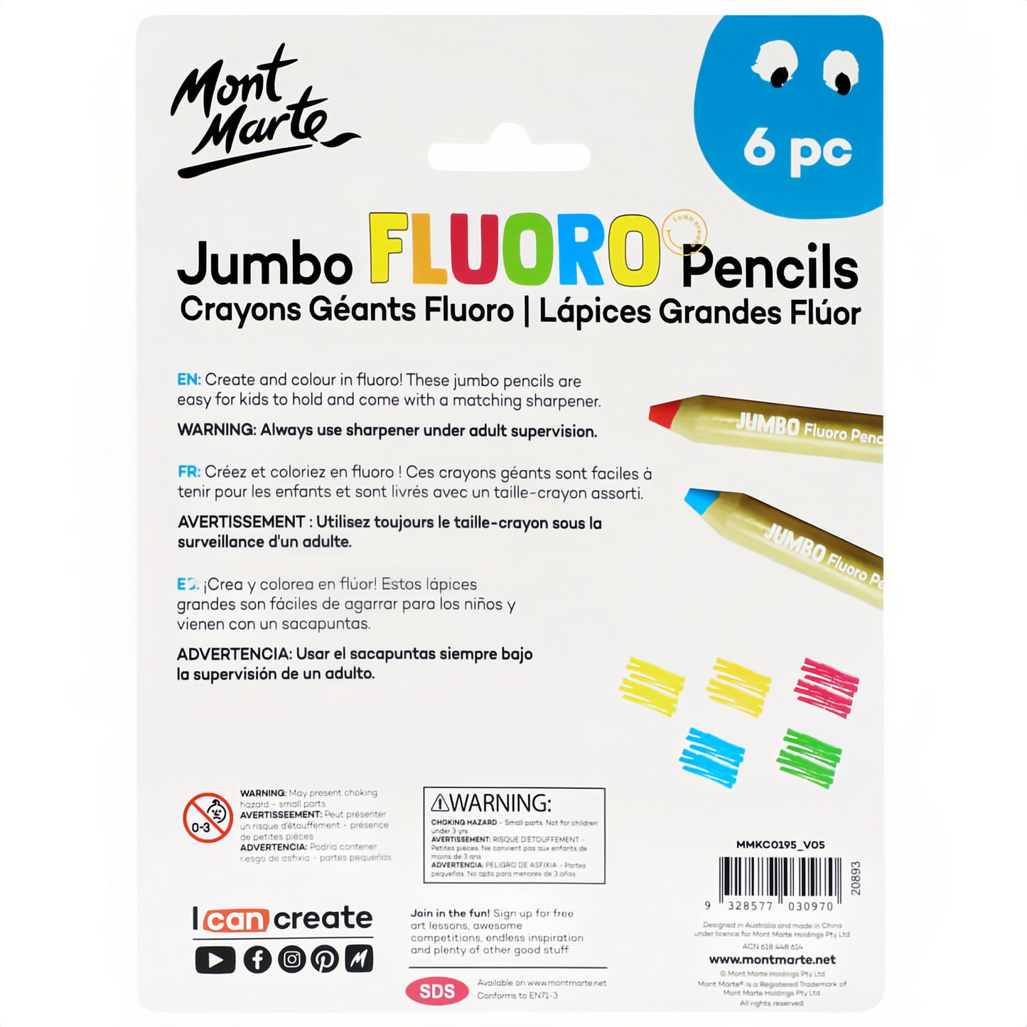 Mont Marte Jumbo Buntstifte Set  - 5 Neonstifte mit 1 Bleistiftspitzer