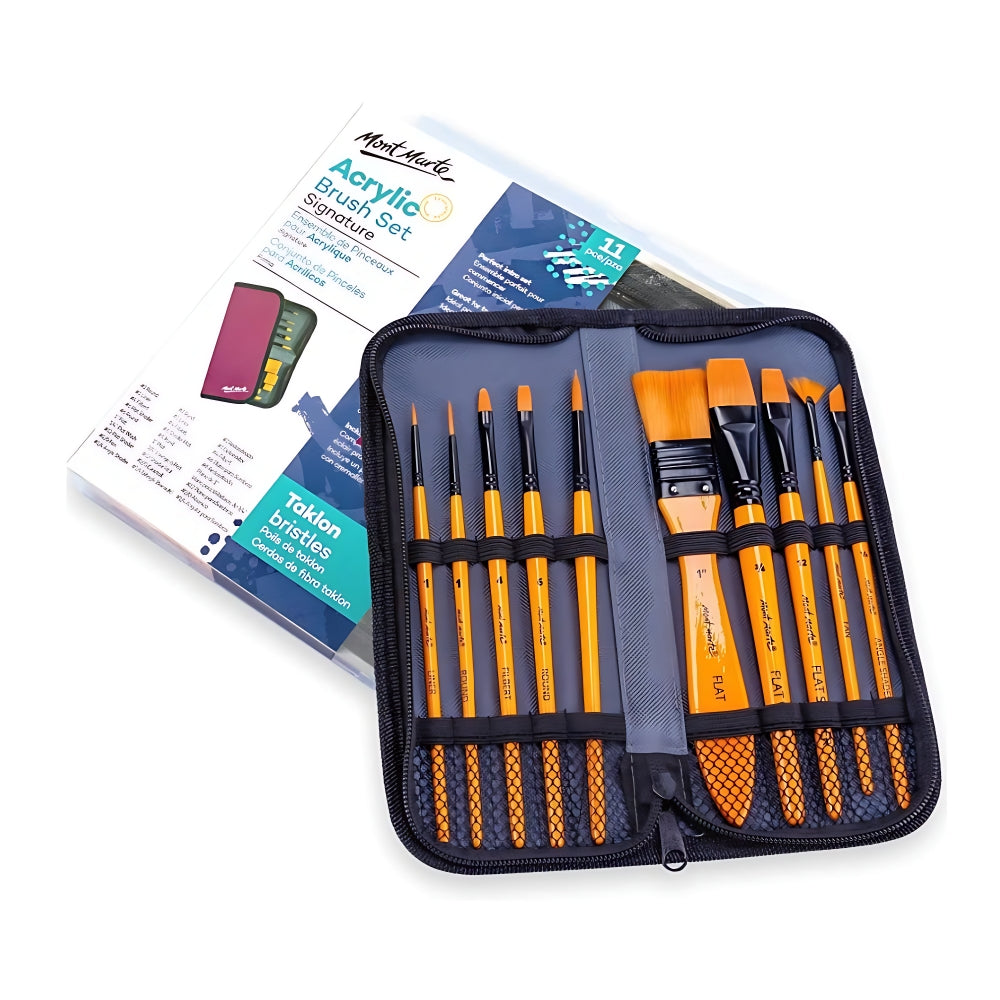 Mont Marte Pinselset 10-teilig – Taklon Pinsel für Acryl-, Öl-, Gouache- und Aquarellfarben im Reißverschluss-Etui - SETL