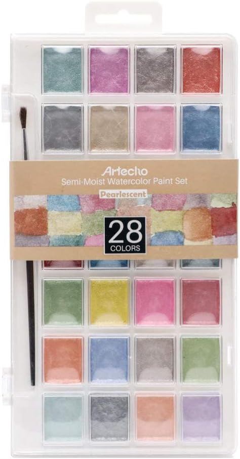 Artecho Metallic Aquarellfarben Set - 28 Perlglanz-Metallic Farben mit Pinsel - SETL