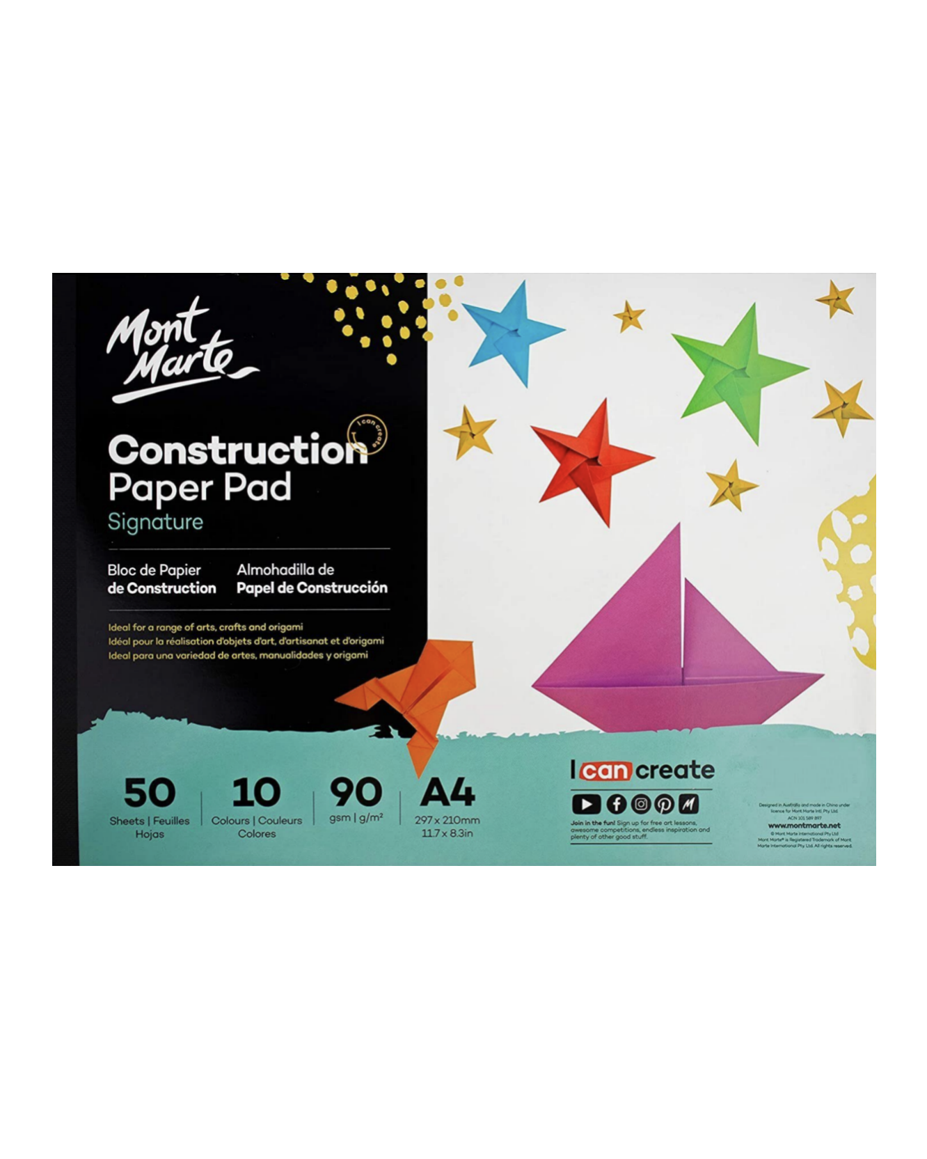 Mont Marte Signature Bastelpapier Block – 50 Blatt in 10 Farben, A4 / A5 - SETL
