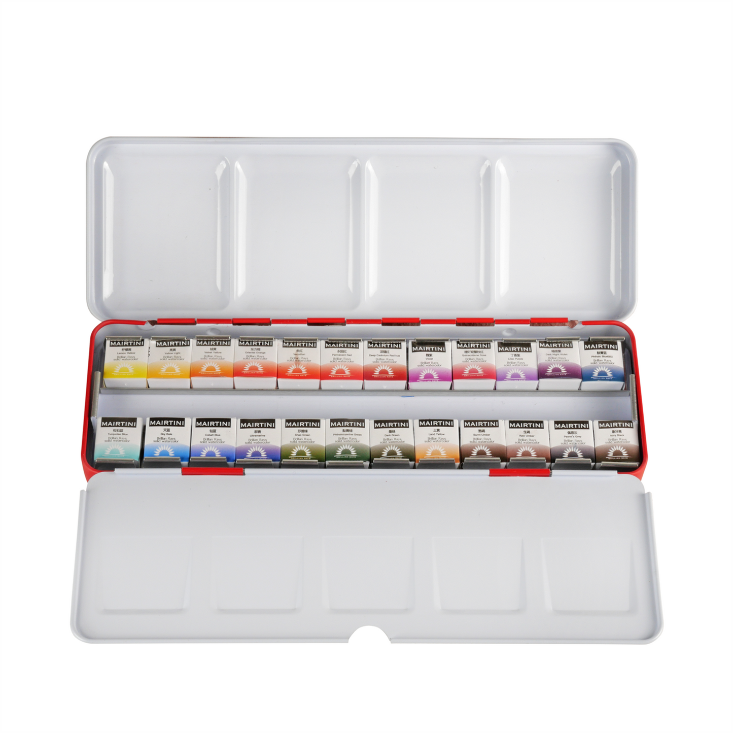 Mairtini Aquarellfarbe Set - 24 brillante Farben in halben Näpfchen - Verpackung in Blau/ Rot - SETL