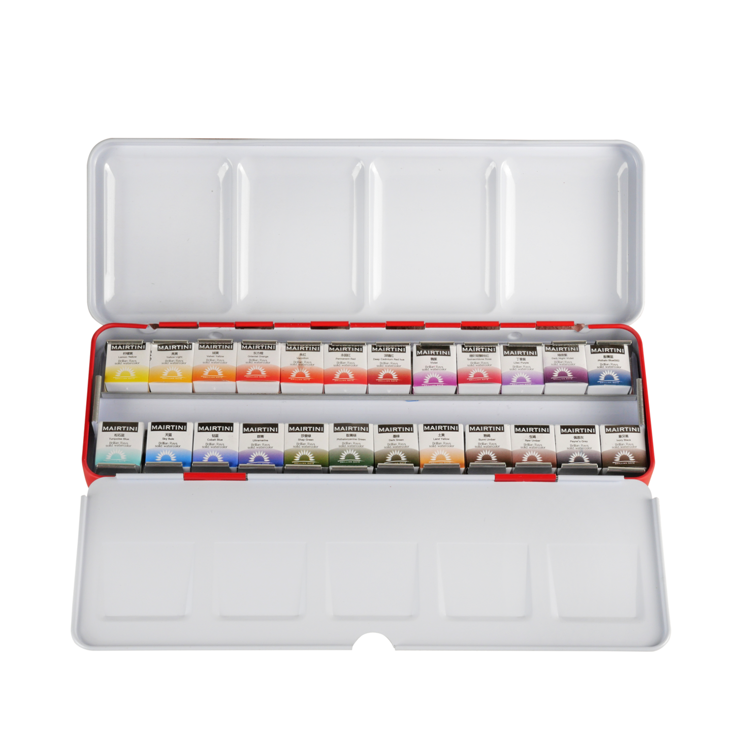 Mairtini Aquarellfarbe Set - 24 brillante Farben in halben Näpfchen - Verpackung in Blau/ Rot - SETL