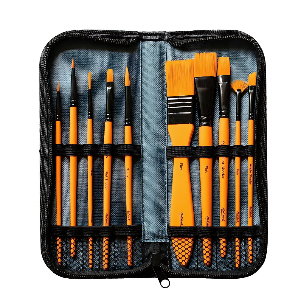 Mont Marte Pinselset 10-teilig – Taklon Pinsel für Acryl-, Öl-, Gouache- und Aquarellfarben im Reißverschluss-Etui - SETL