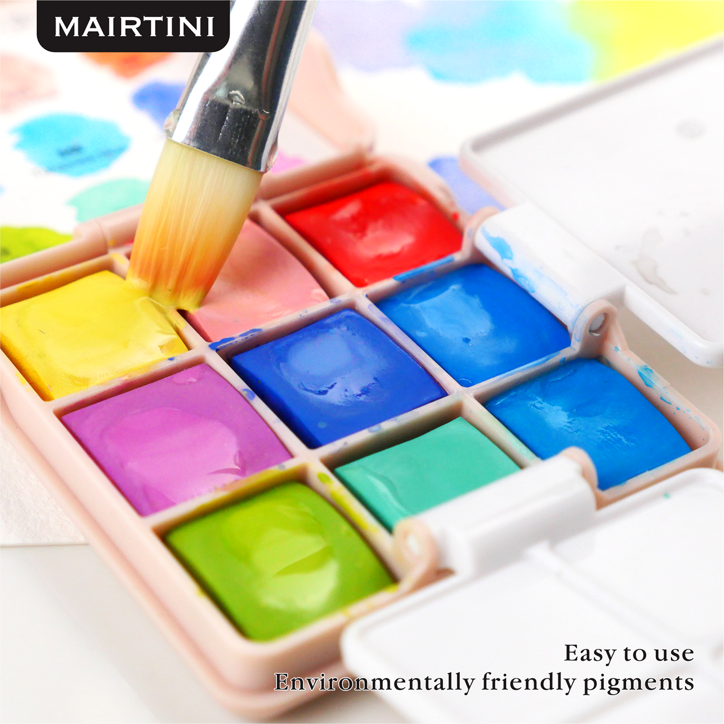 Mairtini Academy Aquarellfarbe Set - 9 intensive Farben im mini stylischen grün/ rot/ rosa Reiseetui - SETL