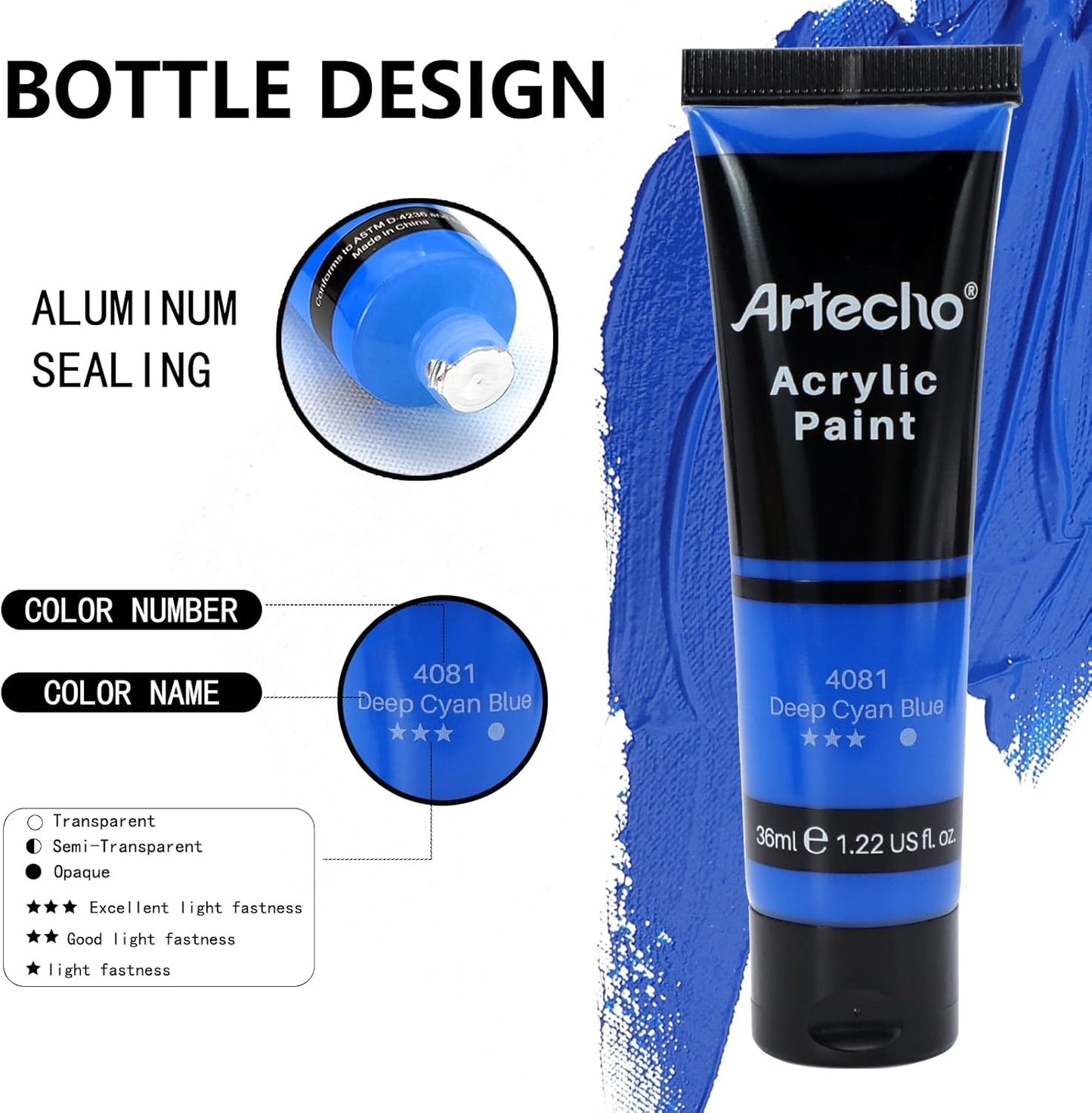 Artecho Acrylfarben Set - 18/ 24 / 48 wasserfeste Farben,  je 36 ml Tuben