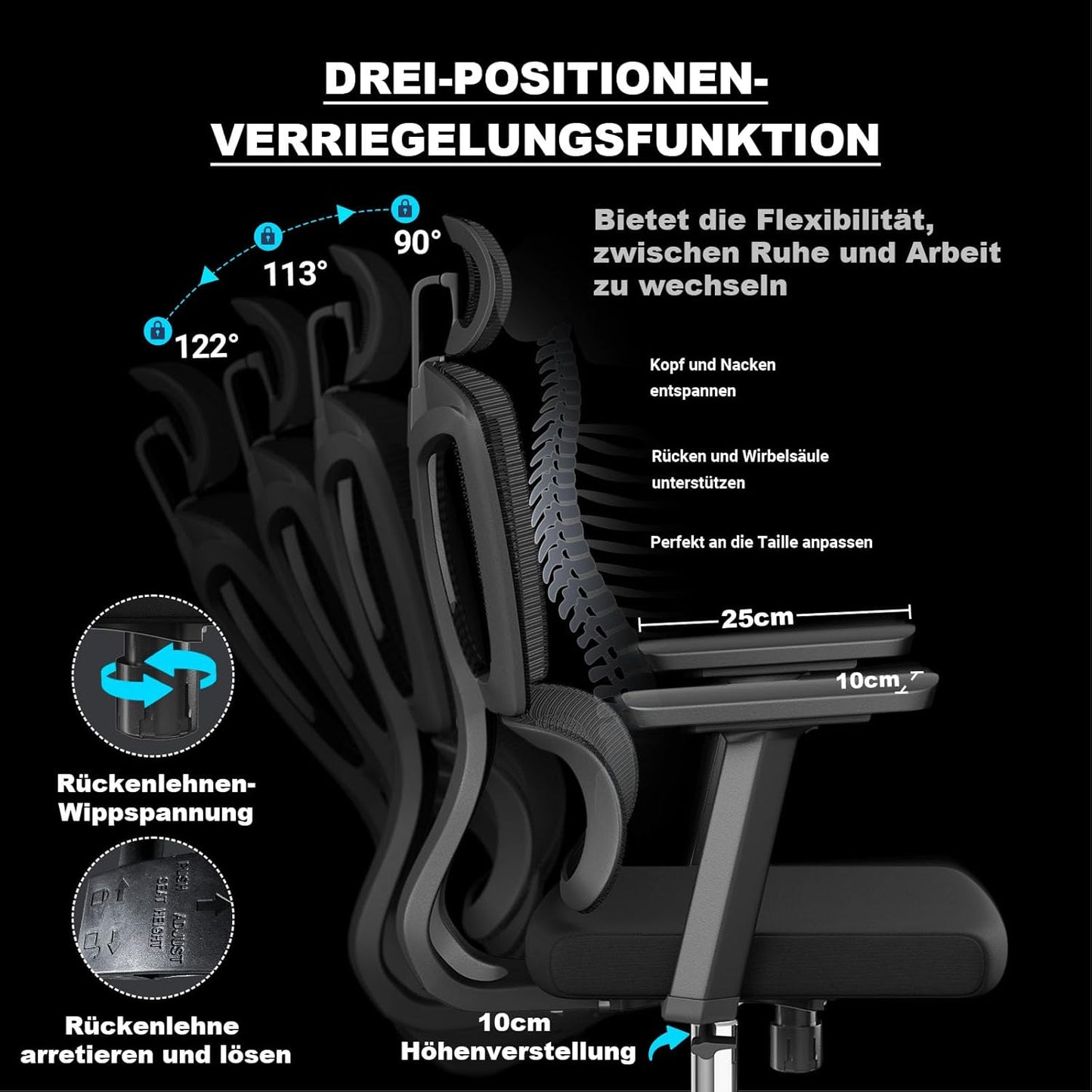 MELOKEA Bürostuhl - dynamische Lendenwirbelstütze, bis 150kg belastbar