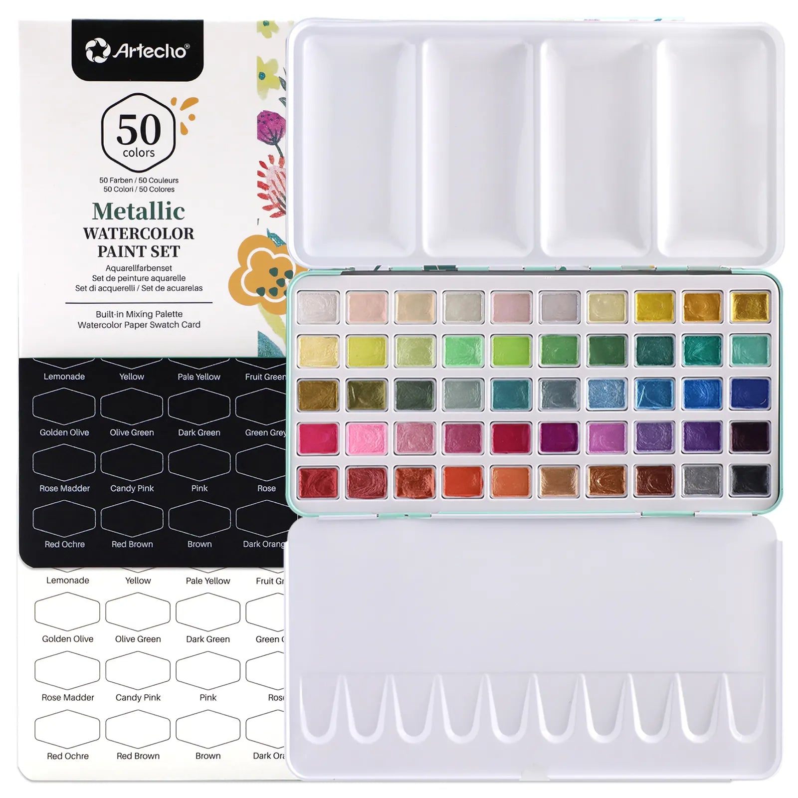 Artecho Metallic Aquarellfarben Set - 50 Wasserfarben im praktischen Metalletui - SETL