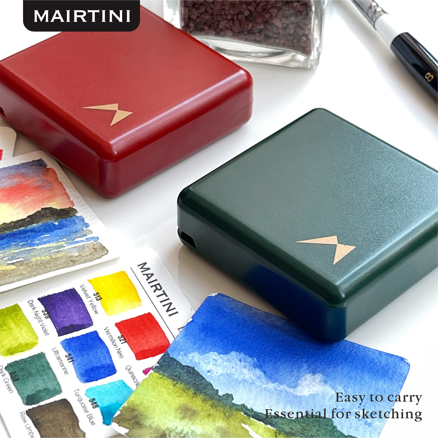 Mairtini Academy Aquarellfarbe Set - 9 intensive Farben im mini stylischen grün/ rot/ rosa Reiseetui - SETL