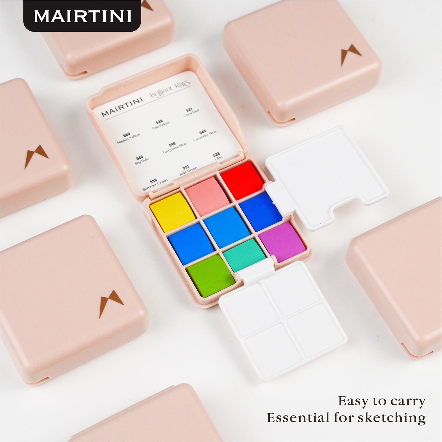 Mairtini Academy Aquarellfarbe Set - 9 intensive Farben im mini stylischen grün/ rot/ rosa Reiseetui - SETL