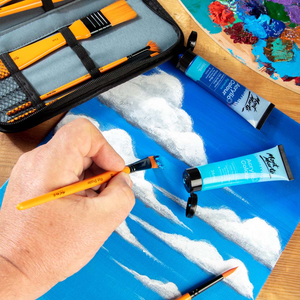 Mont Marte Pinselset 10-teilig – Taklon Pinsel für Acryl-, Öl-, Gouache- und Aquarellfarben im Reißverschluss-Etui - SETL