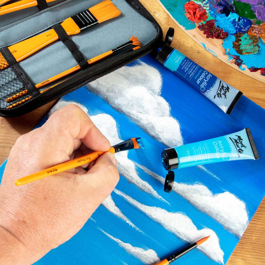 Mont Marte Pinselset 10-teilig – Taklon Pinsel für Acryl-, Öl-, Gouache- und Aquarellfarben im Reißverschluss-Etui - SETL