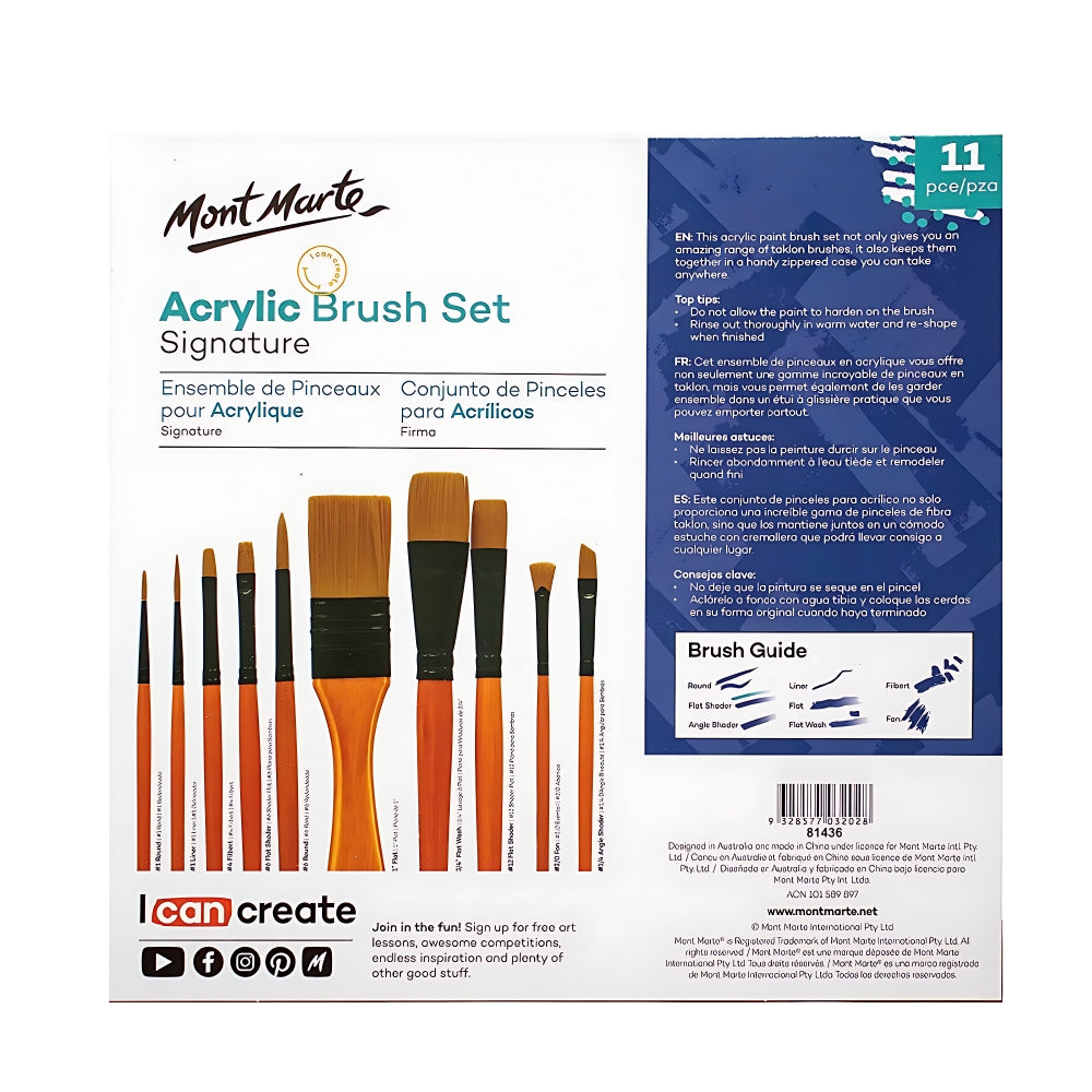 Mont Marte Pinselset 10-teilig – Taklon Pinsel für Acryl-, Öl-, Gouache- und Aquarellfarben im Reißverschluss-Etui - SETL