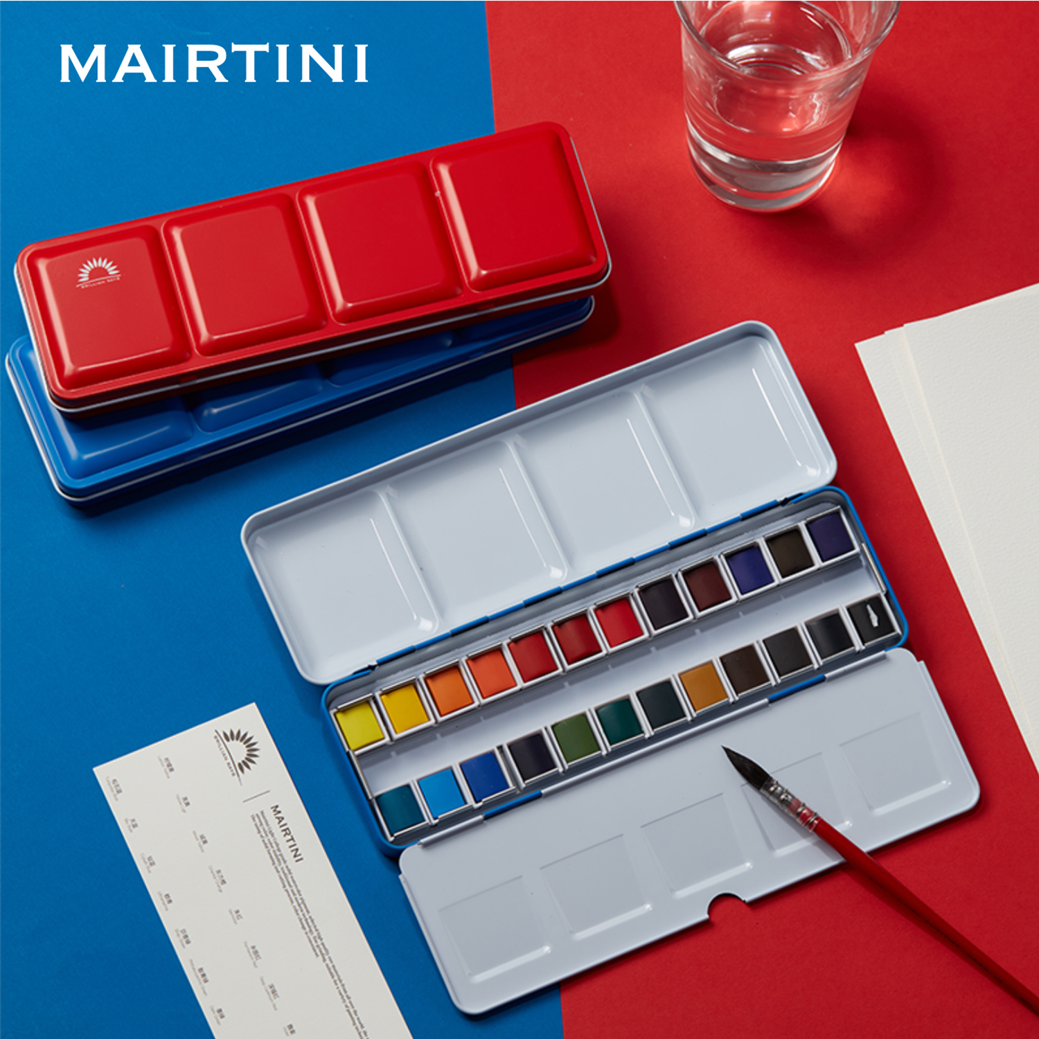 Mairtini Aquarellfarbe Set - 24 brillante Farben in halben Näpfchen - Verpackung in Blau/ Rot - SETL